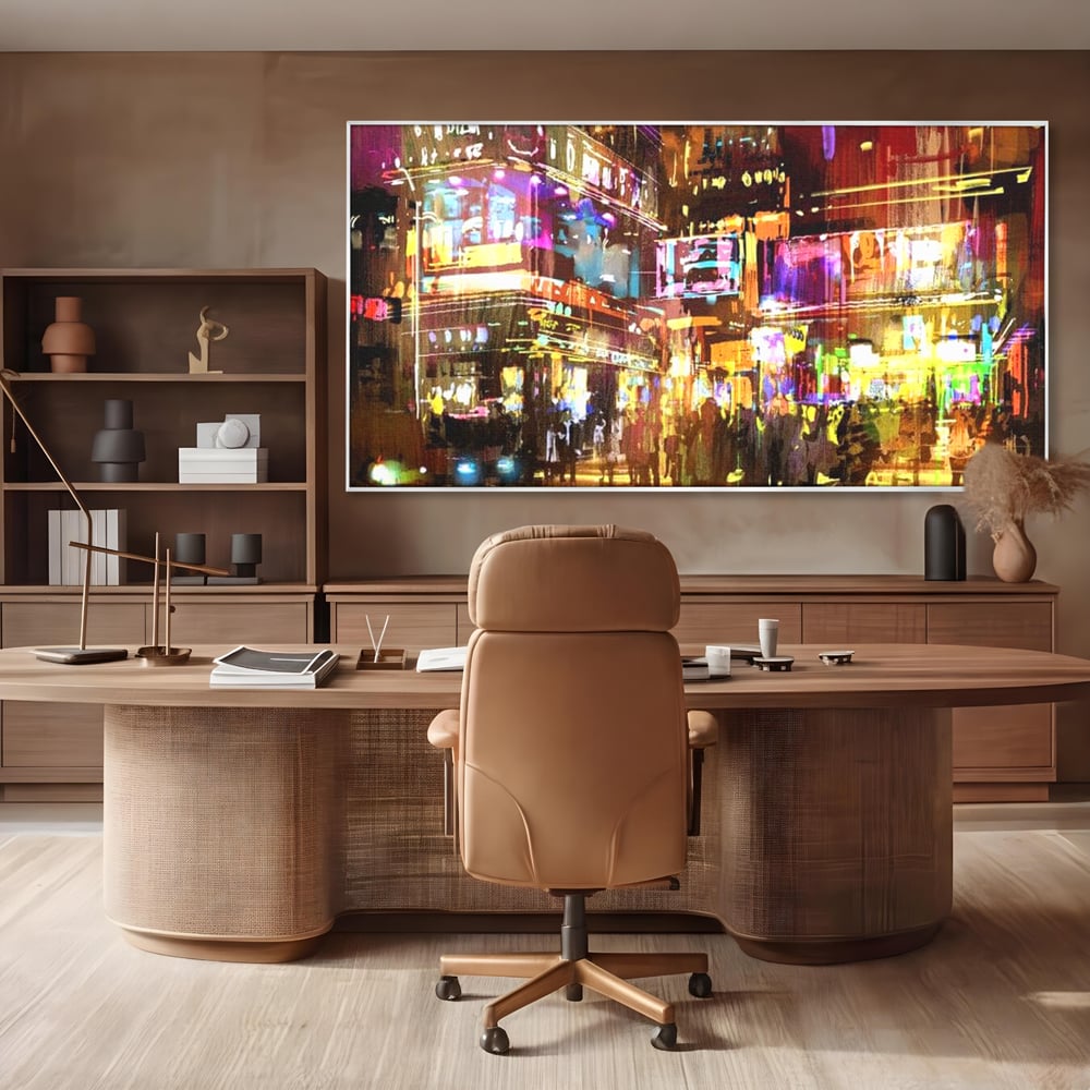 Tablou canvas cu pictura stradala urbana in neon, in rama de aluminiu argintiu, pe perete intr-un birou